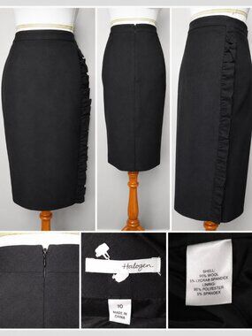 Halogen Black Wool Blend Pencil Skirt Size 10 Ruffle Side Detail Career Midi